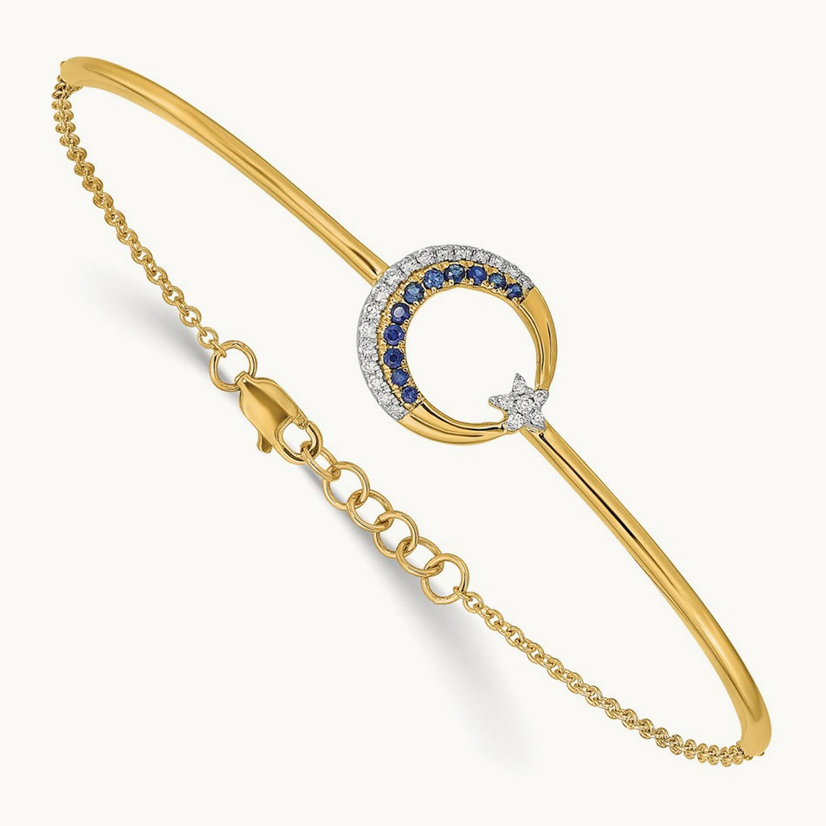 Diamond and Sapphire Moon and Star 7in w/.5in ext Bar Bracelet, 14K