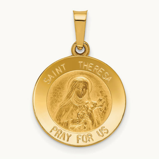 Polished and Satin St Theresa Medal Hollow Pendant, 14K