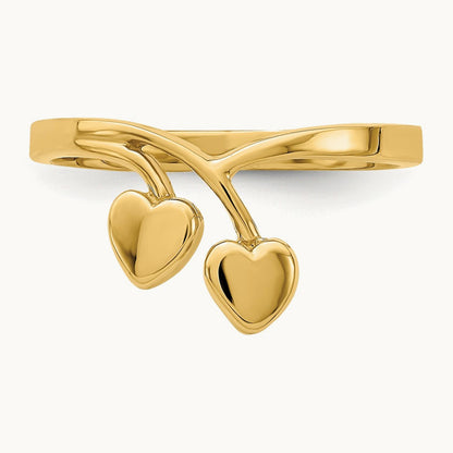 Double Heart Drop V Ring, 14K