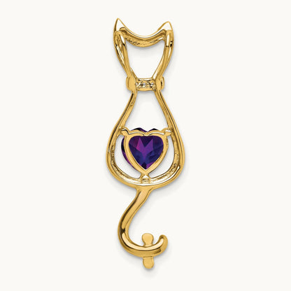 Amethyst and Diamond Cat Pendant — 14K Yellow Gold