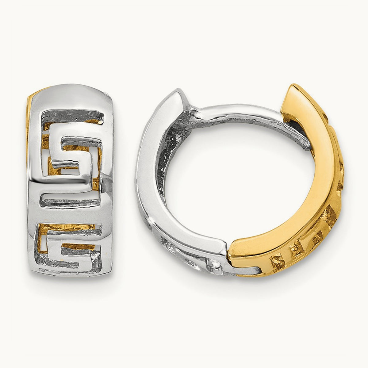 Greek Key Hinged Hoop Earrings — 14K Two-Tone Gold