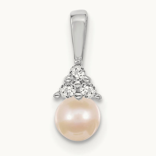 White Round Freshwater Cultured Pearl AA Diamond Pendant, 7mm, 14K White Gold