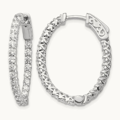 Diamond Oval Hoop w/Safety Clasp Earrings, 14K White Gold