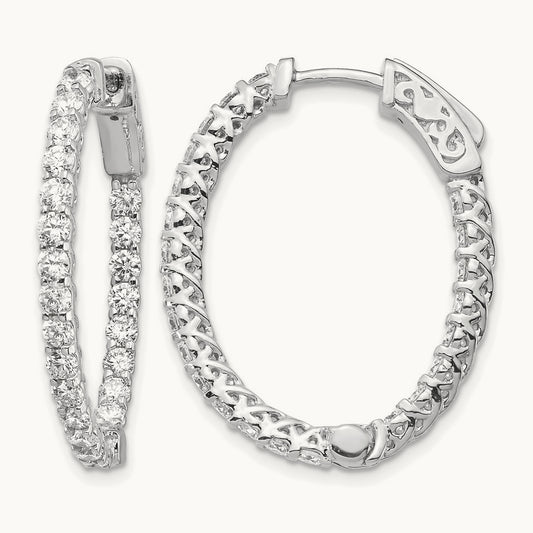 Diamond Oval Hoop w/Safety Clasp Earrings, 14K White Gold