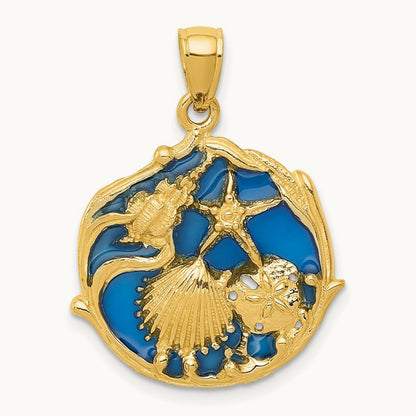 Blue Enameled Shell Cluster Pendant, 14K