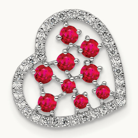 Polished Diamond and Ruby Heart Chain Slide, 14K White Gold