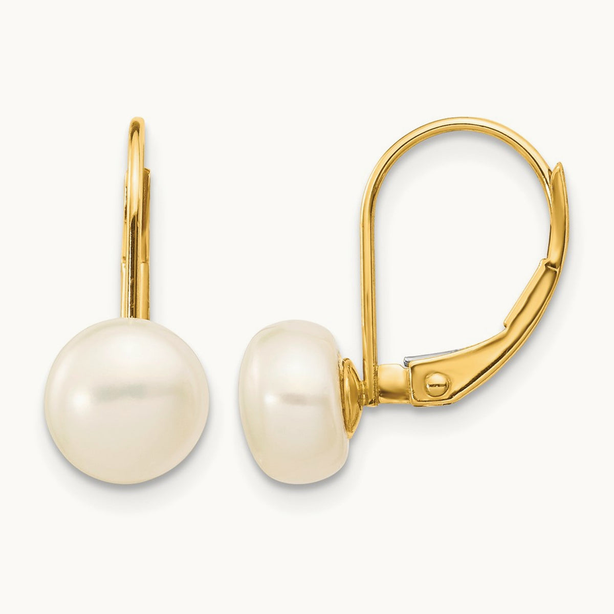 7- White Button Freshwater Cultured Pearl Leverback Earrings, 8mm, 14K