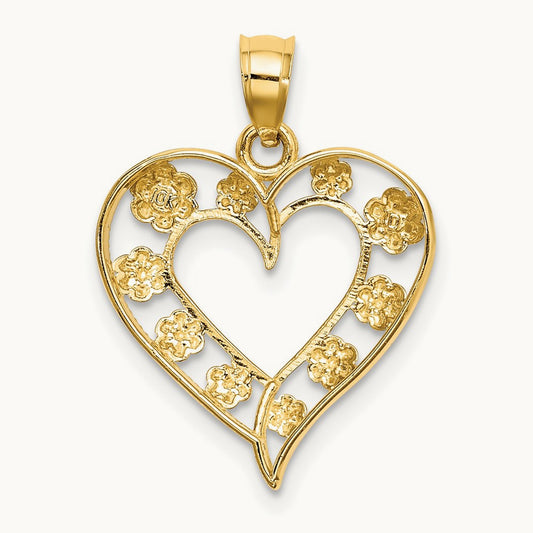 Textured Cut-Out Heart w/ Flowers Charm, 14K Two-tone