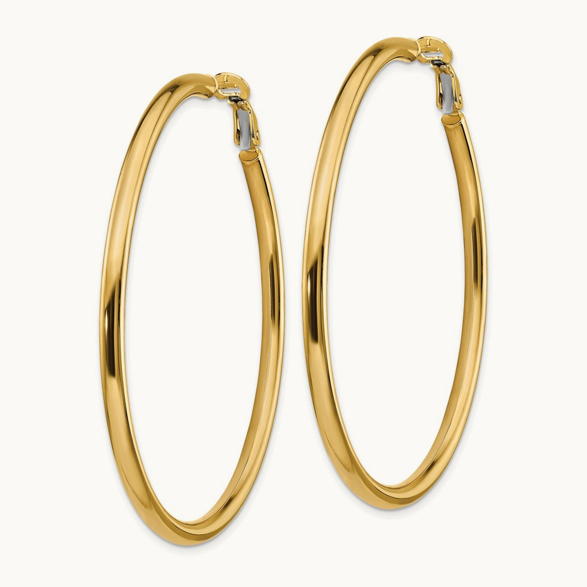 Polished Round Omega Back Hoop Earrings — 14K Yellow Gold, 3x57mm