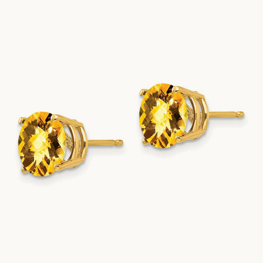 Citrine Checker Post Earrings, 8mm, 14K
