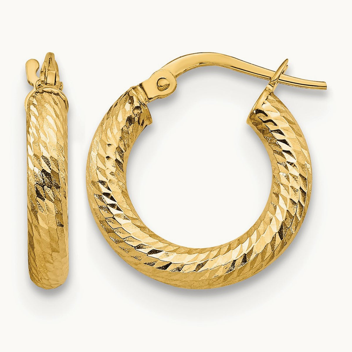 3x10 Diamond-cut Round Hoop Earrings — 14K Yellow Gold