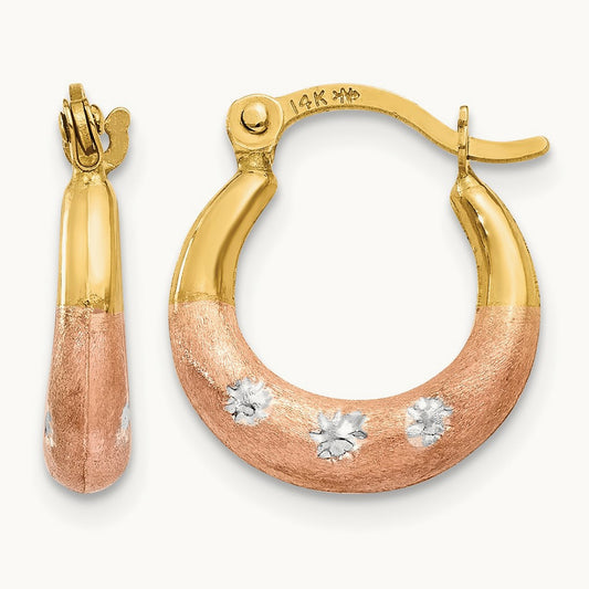 & White and Rose Rhodium Flower Hoop Earrings, 14K