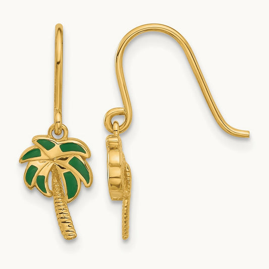 Polished Green Enameled Palm Tree Shepherd Hook Dangle Earrings, 14K