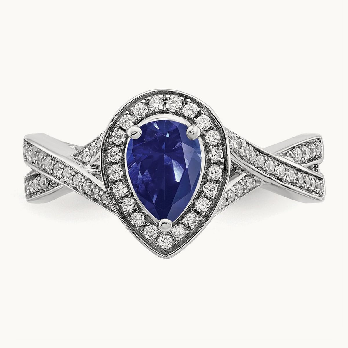 Pear Created Sapphire and Diamond Halo Ring, 14K White Gold