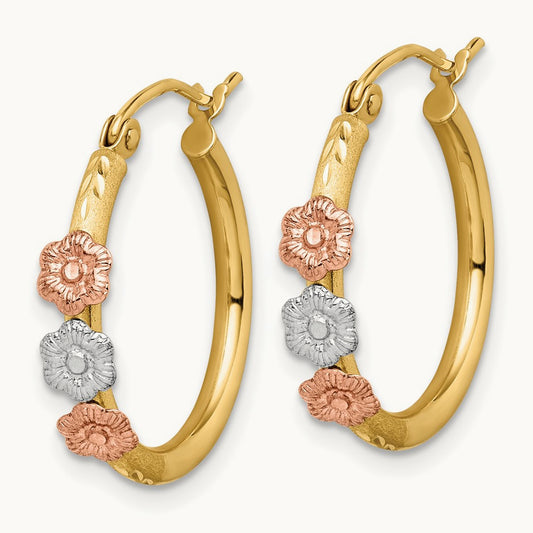 Polished & Satin Tri-color Flower Hoop Earrings, 14K