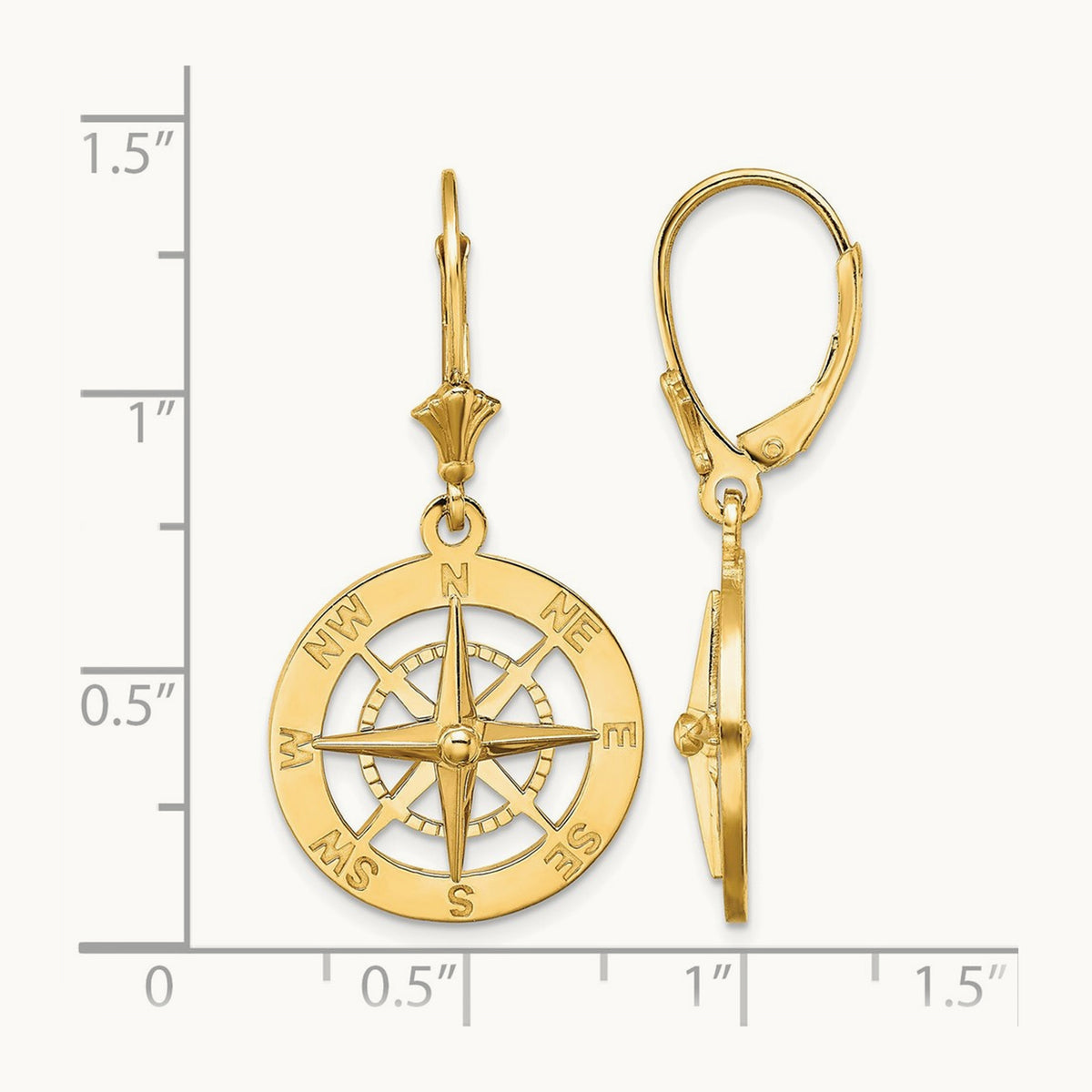 Nautical Compass Leverback Earrings, 14K