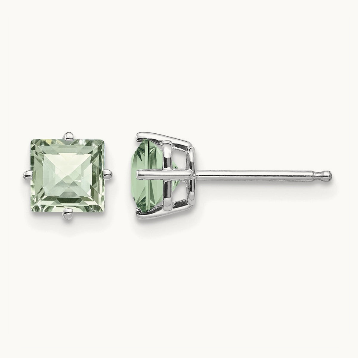 Square Checker-Cut Green Quartz Earrings, 5mm, 14K White Gold