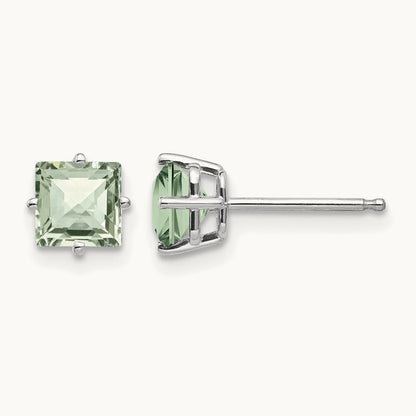 Square Checker-Cut Green Quartz Earrings, 5mm, 14K White Gold