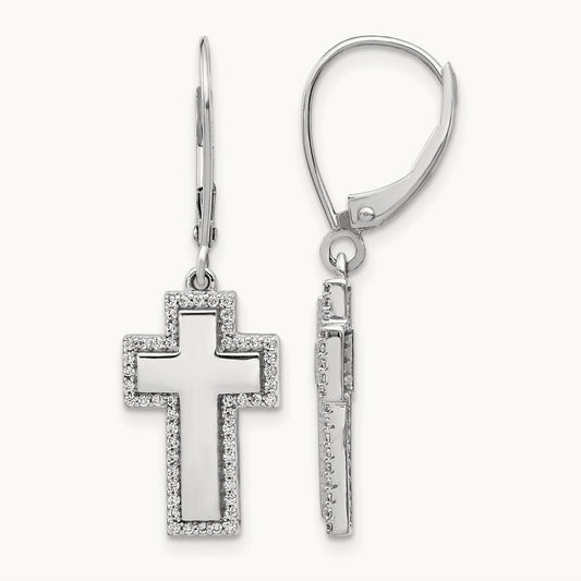 Diamond Fancy Cross Leverback Earrings, 14K White Gold
