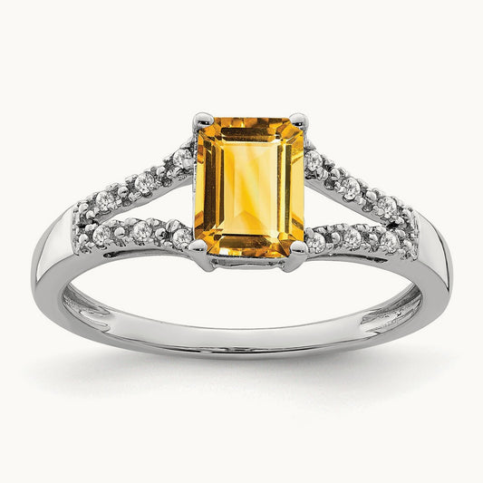 Emerald-cut Citrine and Diamond Ring, 14K White Gold