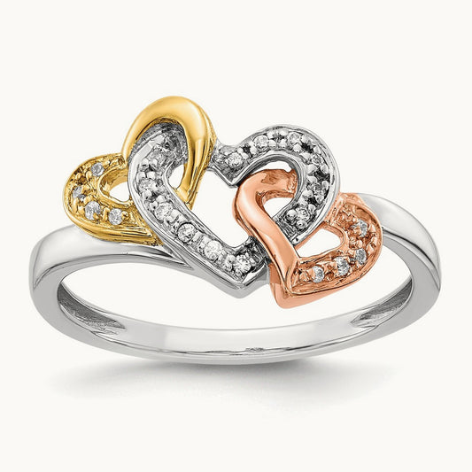 Tri-color Diamond Triple Heart Ring, 14K