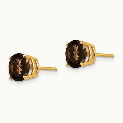 Round Checker-Cut Smoky Quartz Earrings, 7mm, 14K
