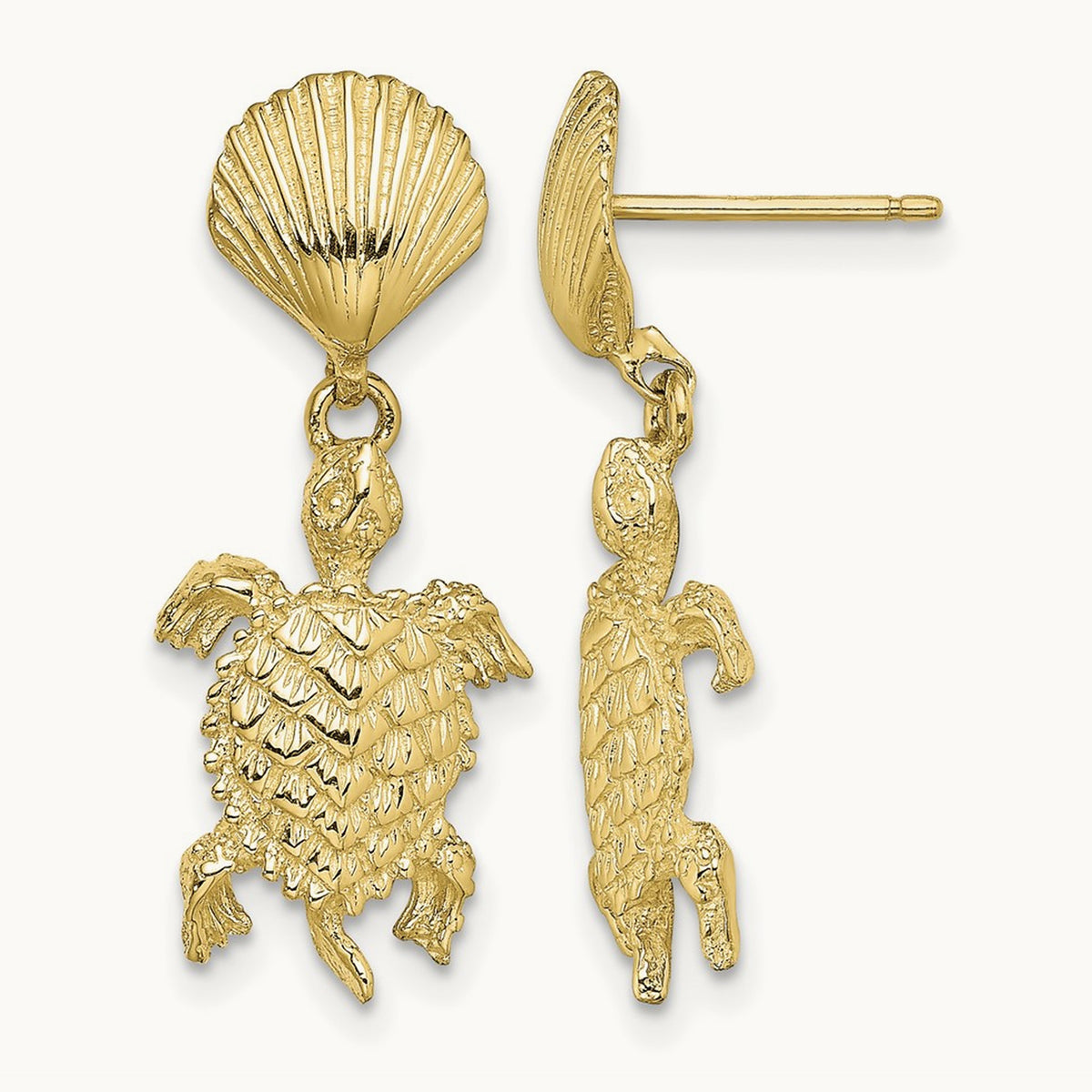 Shell and Sea Turtle Dangle Earrings, 14K