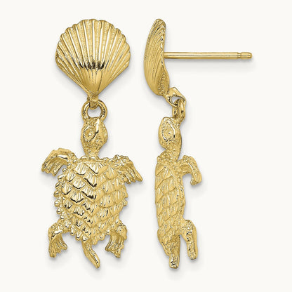 Shell and Sea Turtle Dangle Earrings, 14K