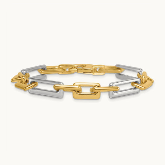 Polished Fancy Square And Rectangle Bracelet, 8mm, 14K Two Tone