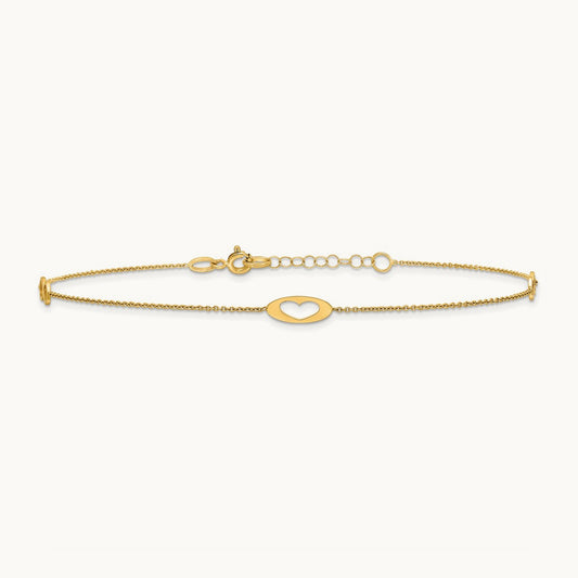 Polished Infinity and Heart 9in Plus 1in ext Anklet, 14K