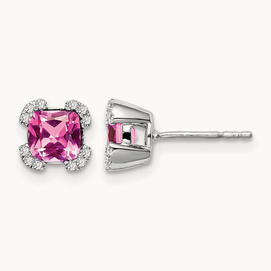 Cushion Created Pink Sapphire and Diamond Earrings, 14K White Gold