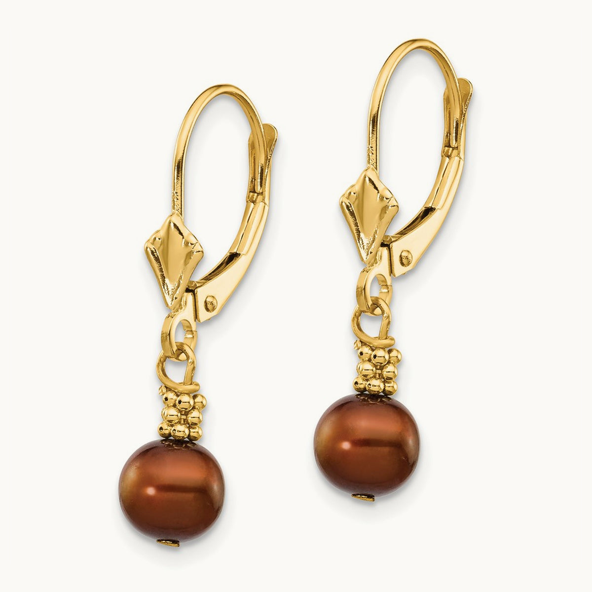 5- Brown Semi-round FW Cultured Pearl Leverback Earrings, 6mm, 14K