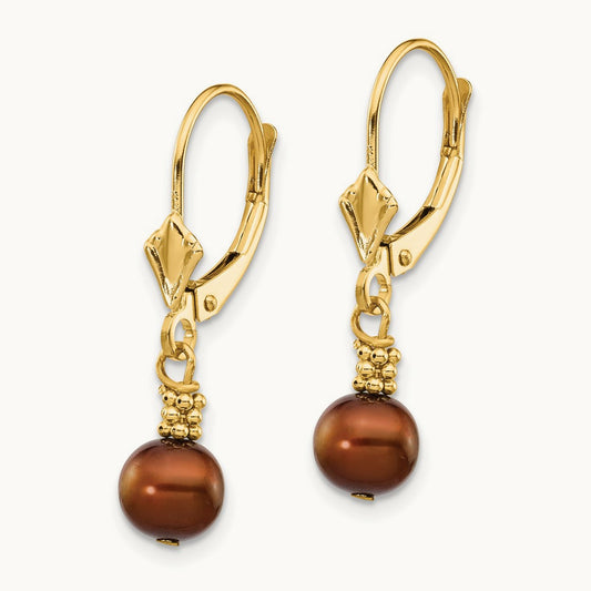 5- Brown Semi-round FW Cultured Pearl Leverback Earrings, 6mm, 14K