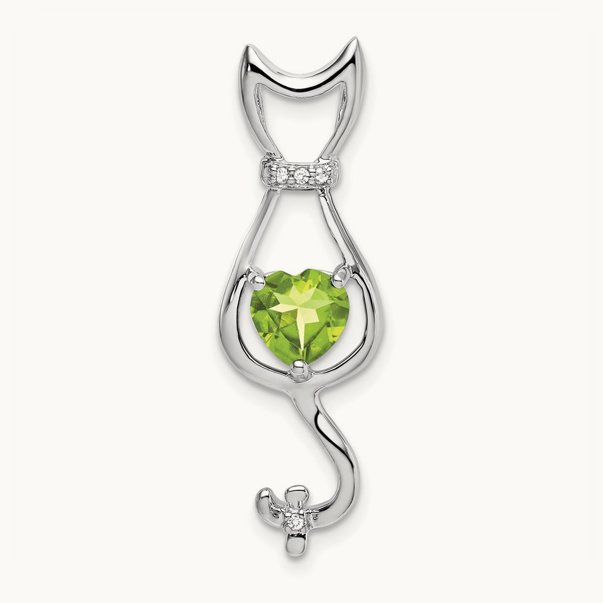 Peridot and Diamond Cat Pendant — 14K White Gold