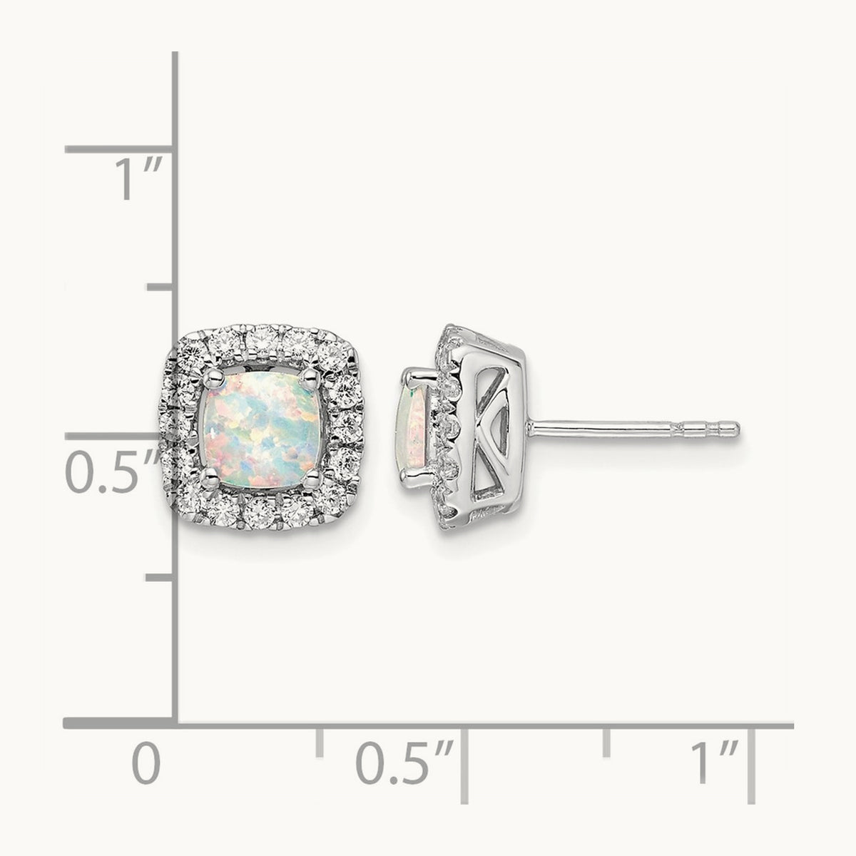 Oct Birthstone Created Opal Post Earrings, 0.25 ct tw Lab-Grown Diamond — 14K White Gold