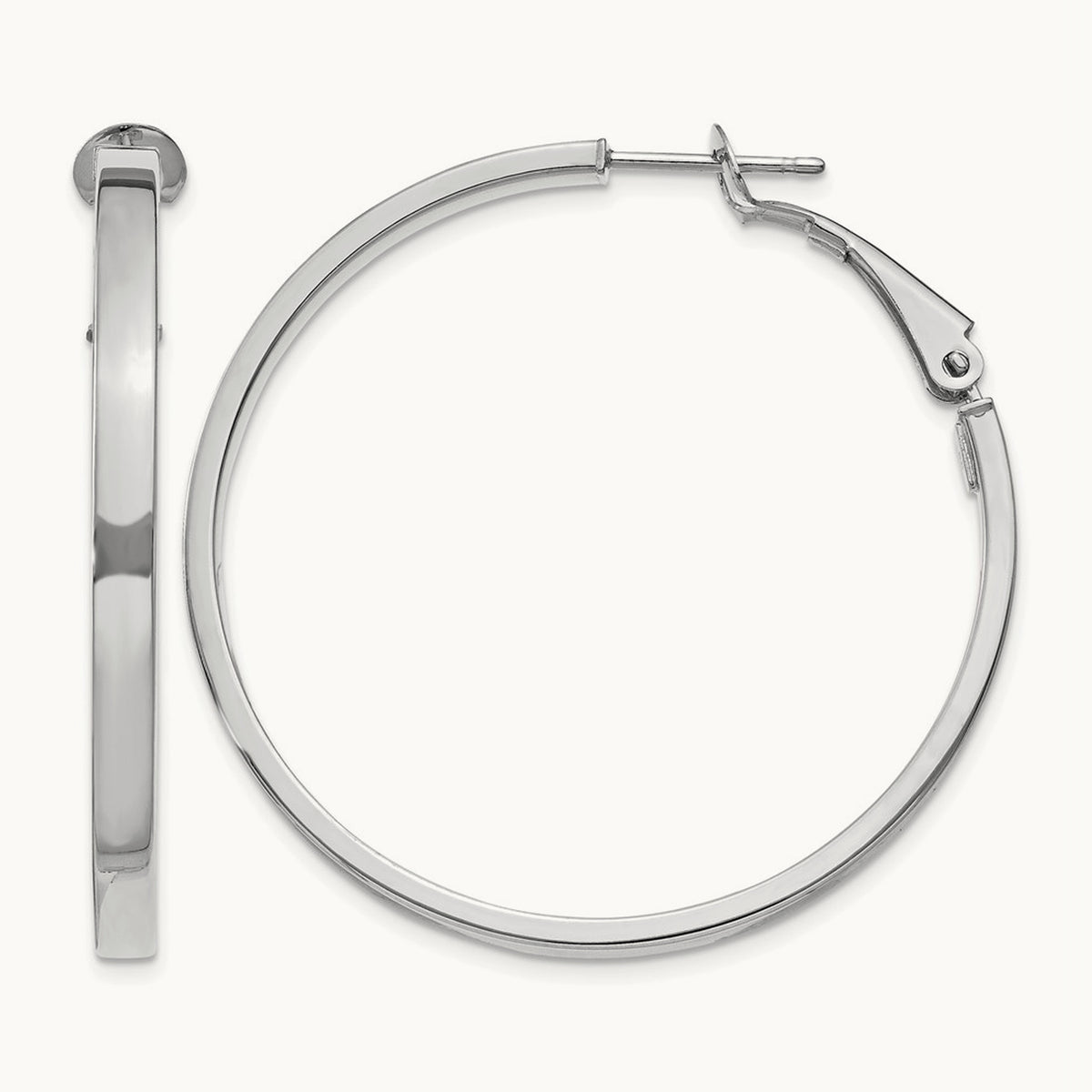 Polished Square Tube Round Hoop Earrings — 14K White Gold, 3x40mm