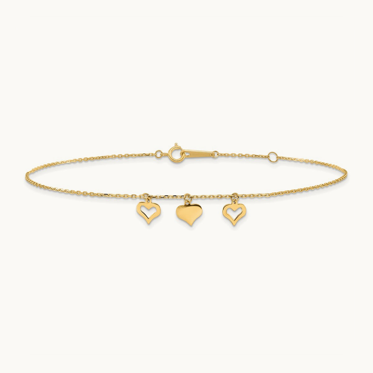 3 Hearts 10inch Plus 1 inch Extension Anklet, 14K
