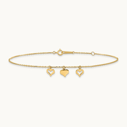 3 Hearts 10inch Plus 1 inch Extension Anklet, 14K