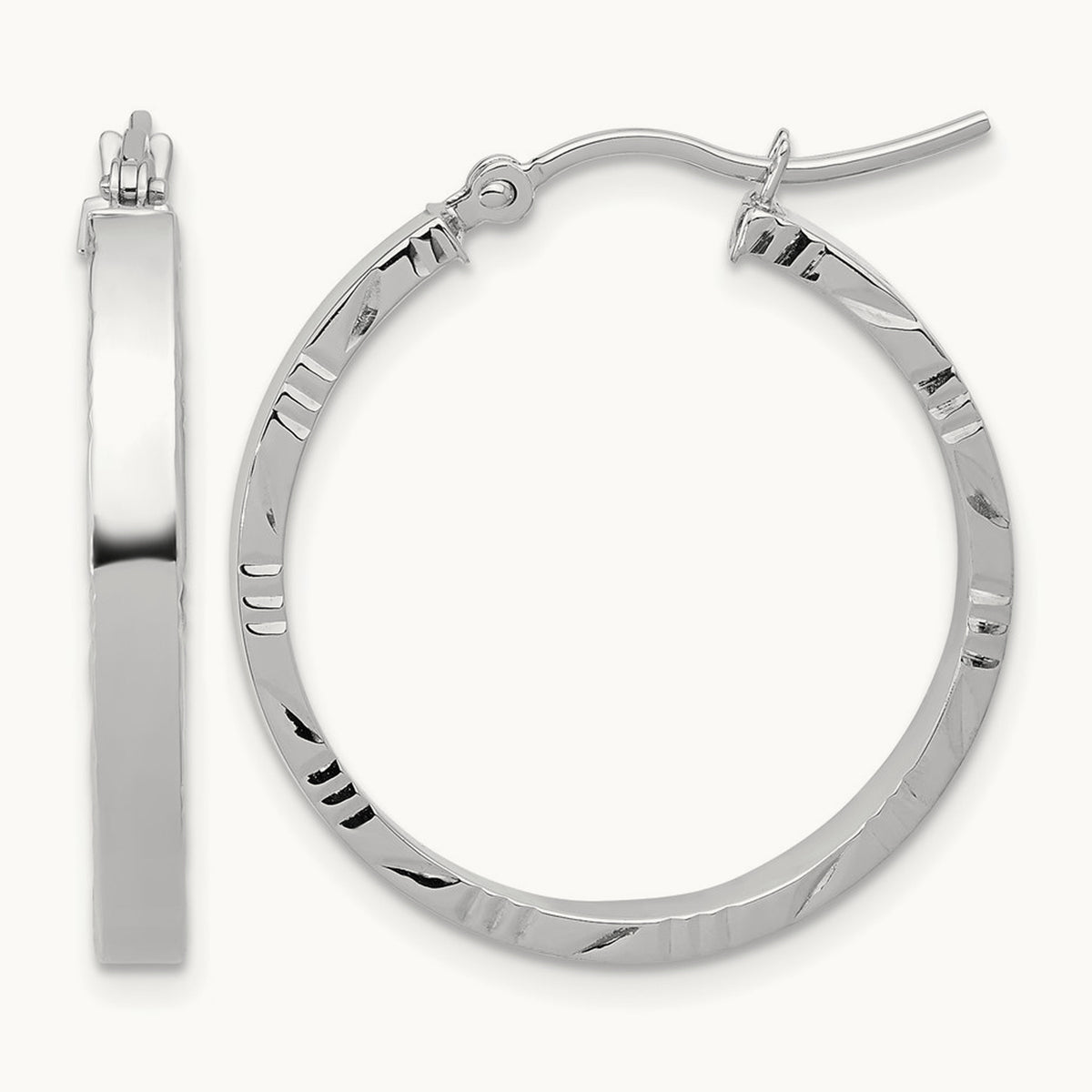 Diamond-cut Edge Medium Polished Hoop Earrings — 10K White Gold