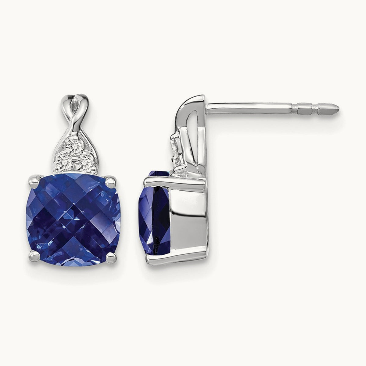 Checkerboard Created Sapphire and Diamond Earrings, 14K White Gold