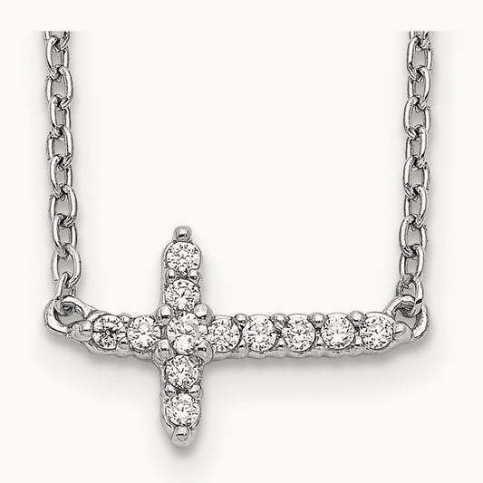 Diamond Sideways Cross 18in Necklace, 14K White Gold