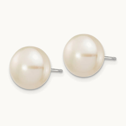 10-11mmWhite Button FW Cultured Pearl Stud Post Earrings, 14K White Gold