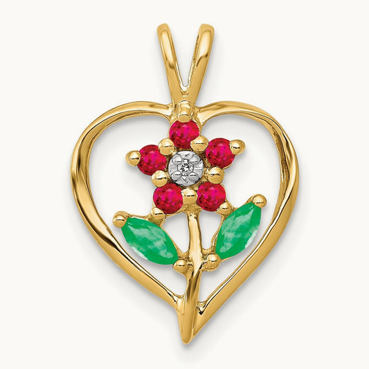 Siam Ruby/Emerald/Diamond Flower in Heart Pendant, 14K