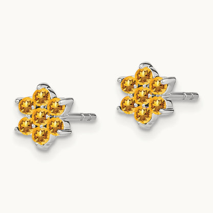 Citrine Floral Post Earrings, 14K White Gold