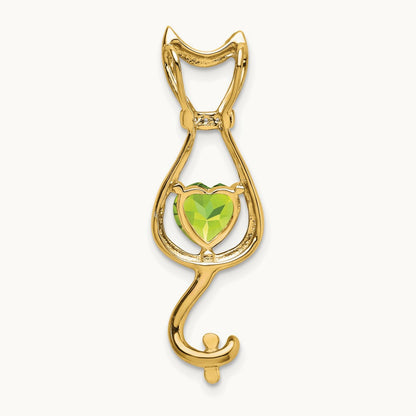 Peridot and Diamond Cat Pendant — 14K Yellow Gold