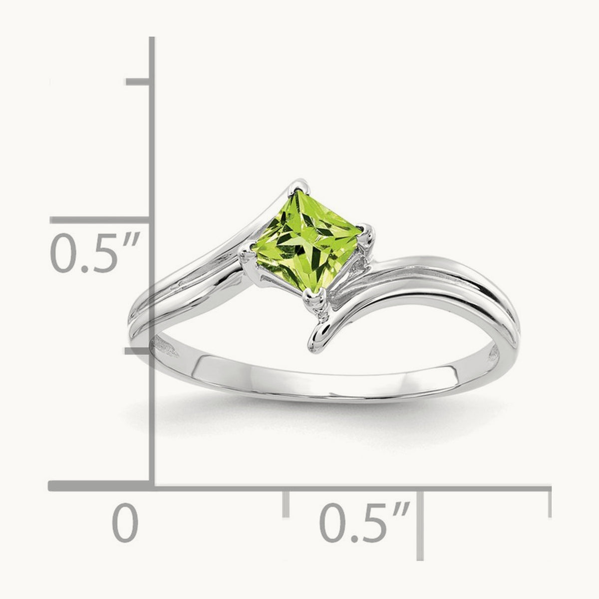 Princess Cut Peridot ring, 4mm, 14K White Gold