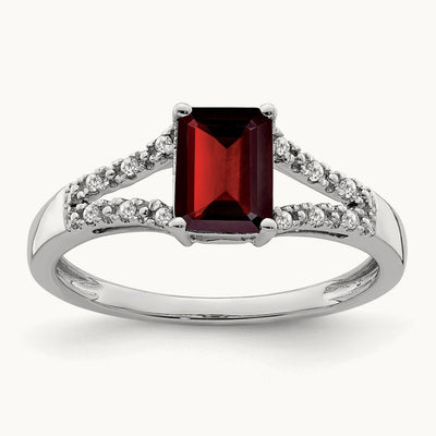 Emerald-cut Garnet and Diamond Ring, 14K White Gold