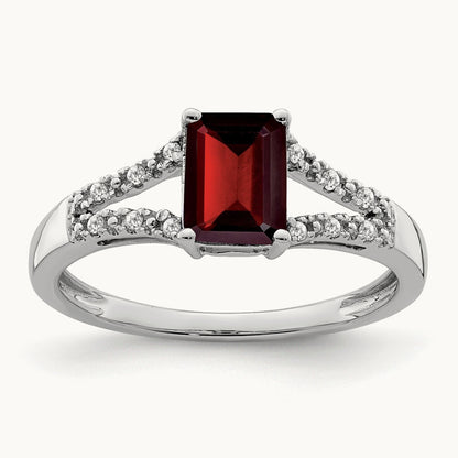 Emerald-cut Garnet and Diamond Ring, 14K White Gold
