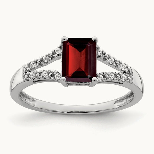 Emerald-cut Garnet and Diamond Ring, 14K White Gold