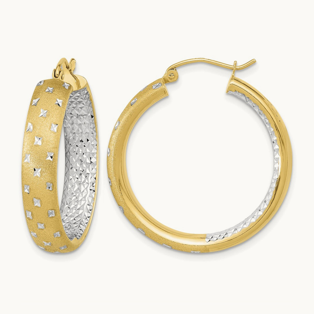 Rhodium Polished Satin Diamond-cut In/Out Hoop Earrings, 14K White